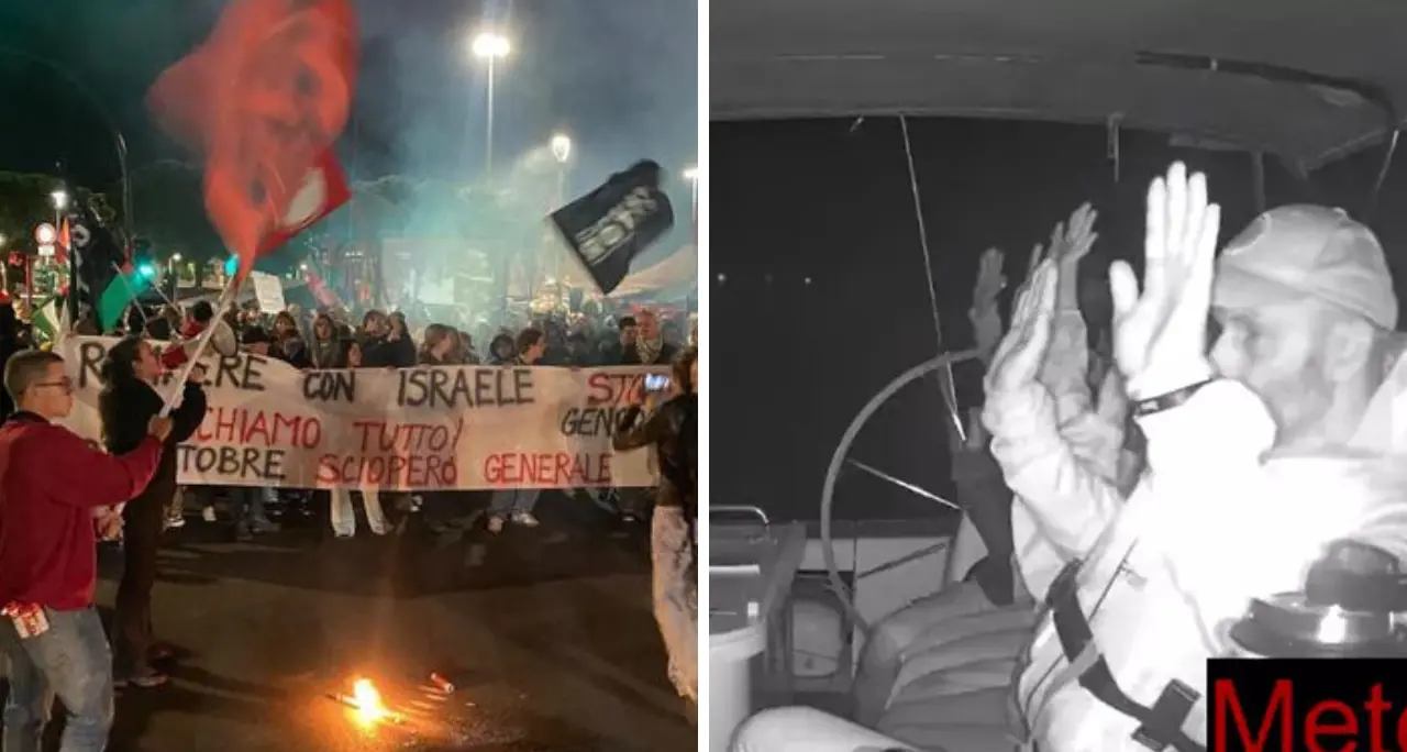 Flotilla, l’assalto in mare e le proteste in piazza: speronate le barche, idranti contro la Meteque e numeri di avvocati scritti sulle braccia\n