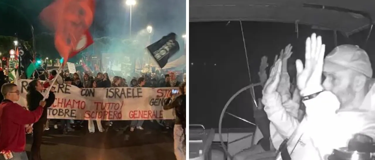 Flotilla, l’assalto in mare e le proteste in piazza: speronate le barche, idranti contro la Meteque e numeri di avvocati scritti sulle braccia\n