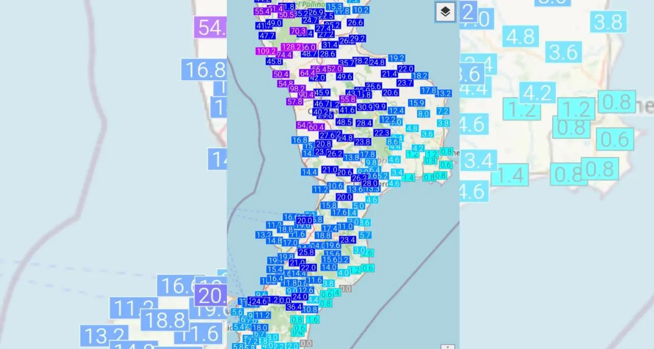 Piogge intense sulla Calabria domenica, nel Cosentino superati i 120 mm. In arrivo freddo e forte vento\n