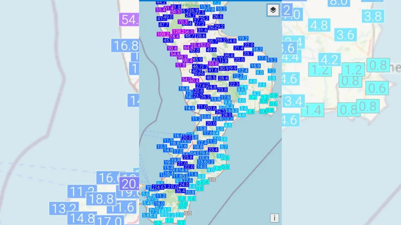 Piogge intense sulla Calabria domenica, nel Cosentino superati i 120 mm. In arrivo freddo e forte vento\n