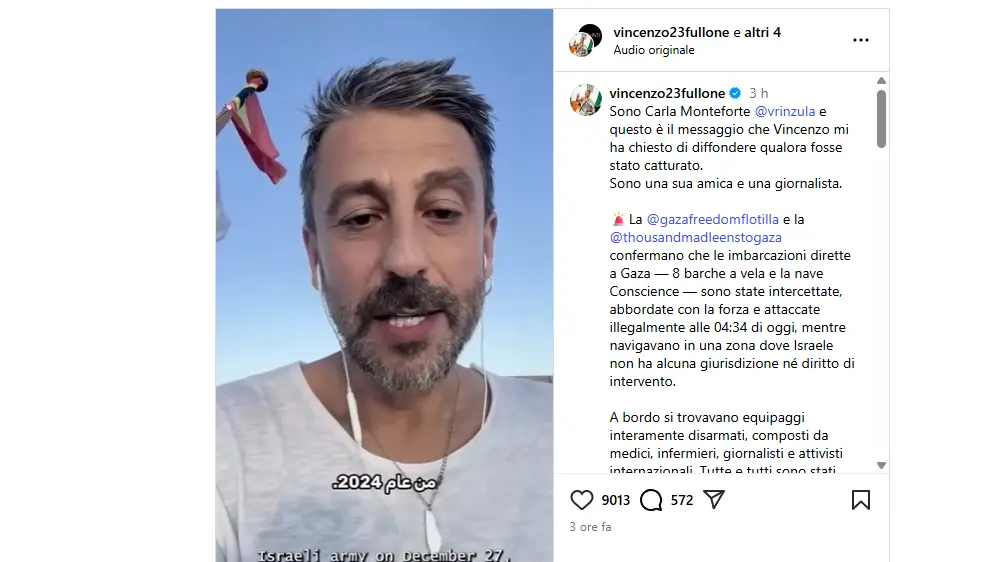 <p>Il video che annuncia l&#39;arresto in acque internazionali di Vincenzo Fullone, attivista calabrese a bordo della Global Sumud Flotilla</p>\\n
