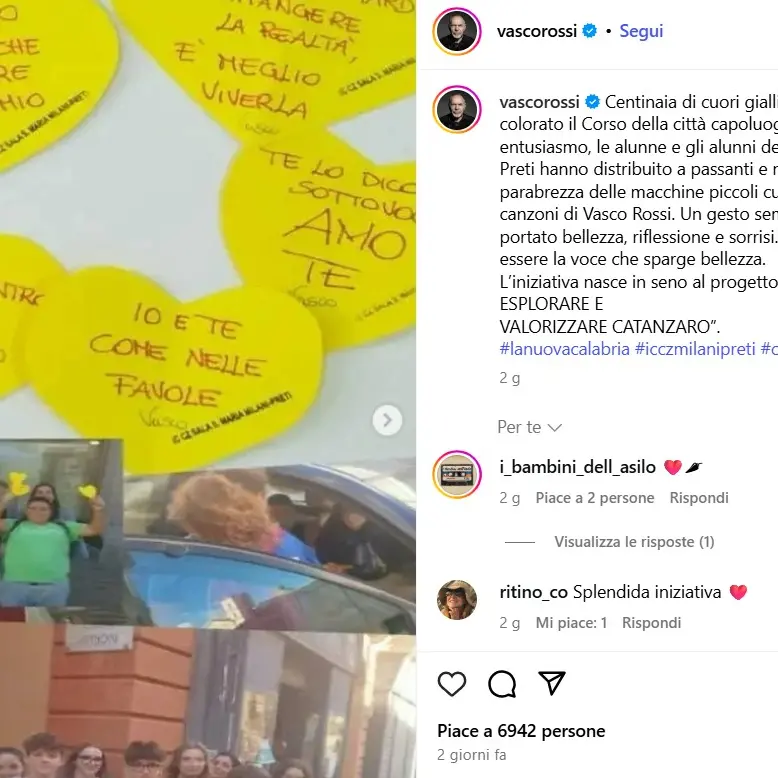 Catanzaro, i cuori dei ragazzi del “Milani-Preti” conquistano Vasco Rossi: il rocker celebra l’iniziativa sui social\n
