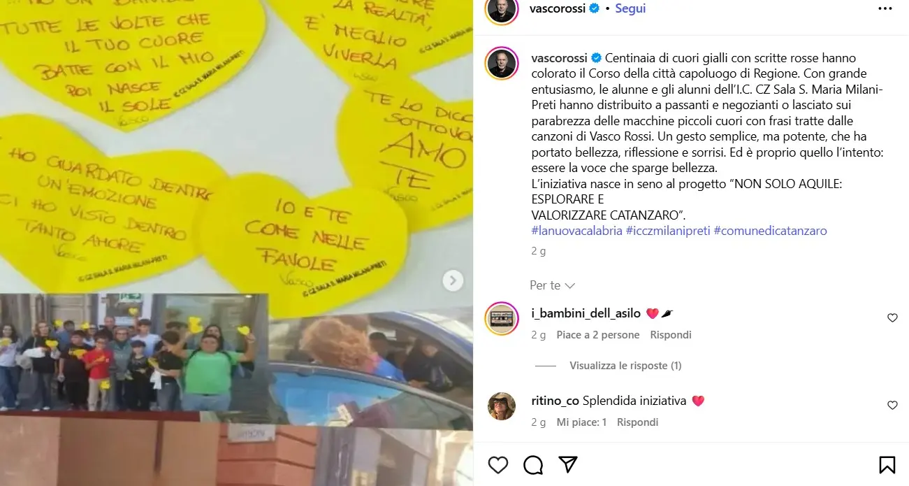 Catanzaro, i cuori dei ragazzi del “Milani-Preti” conquistano Vasco Rossi: il rocker celebra l’iniziativa sui social\n
