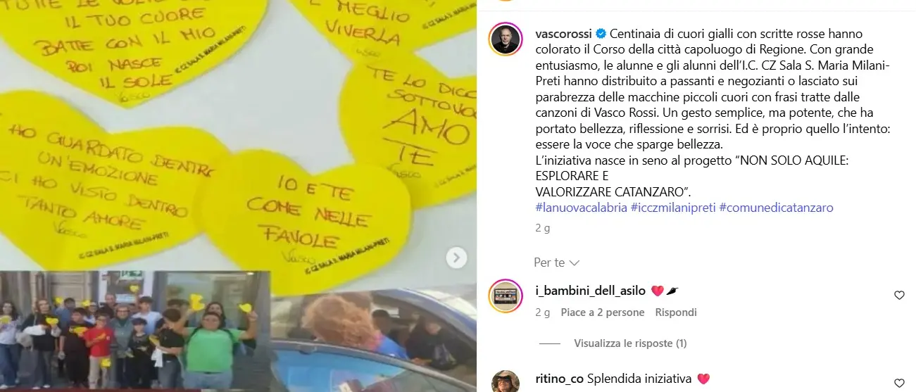 Catanzaro, i cuori dei ragazzi del “Milani-Preti” conquistano Vasco Rossi: il rocker celebra l’iniziativa sui social\n