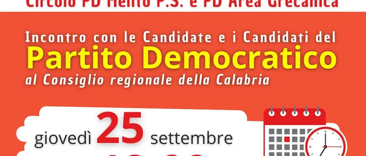 Melito, oggi l'incontro con i candidati al Consiglio regionale della Calabria del Partito Democratico per la Circoscrizione