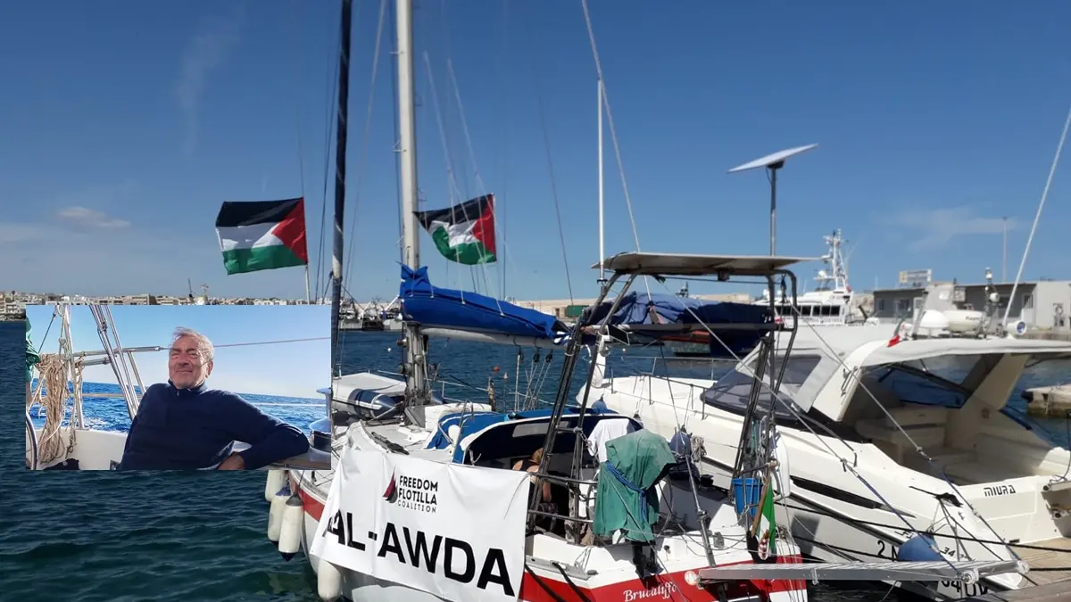<p>L&#39;imbarcazione Al-Awda e nel riquadro l&#39;attivista reggino Nando Primerano</p>\\n