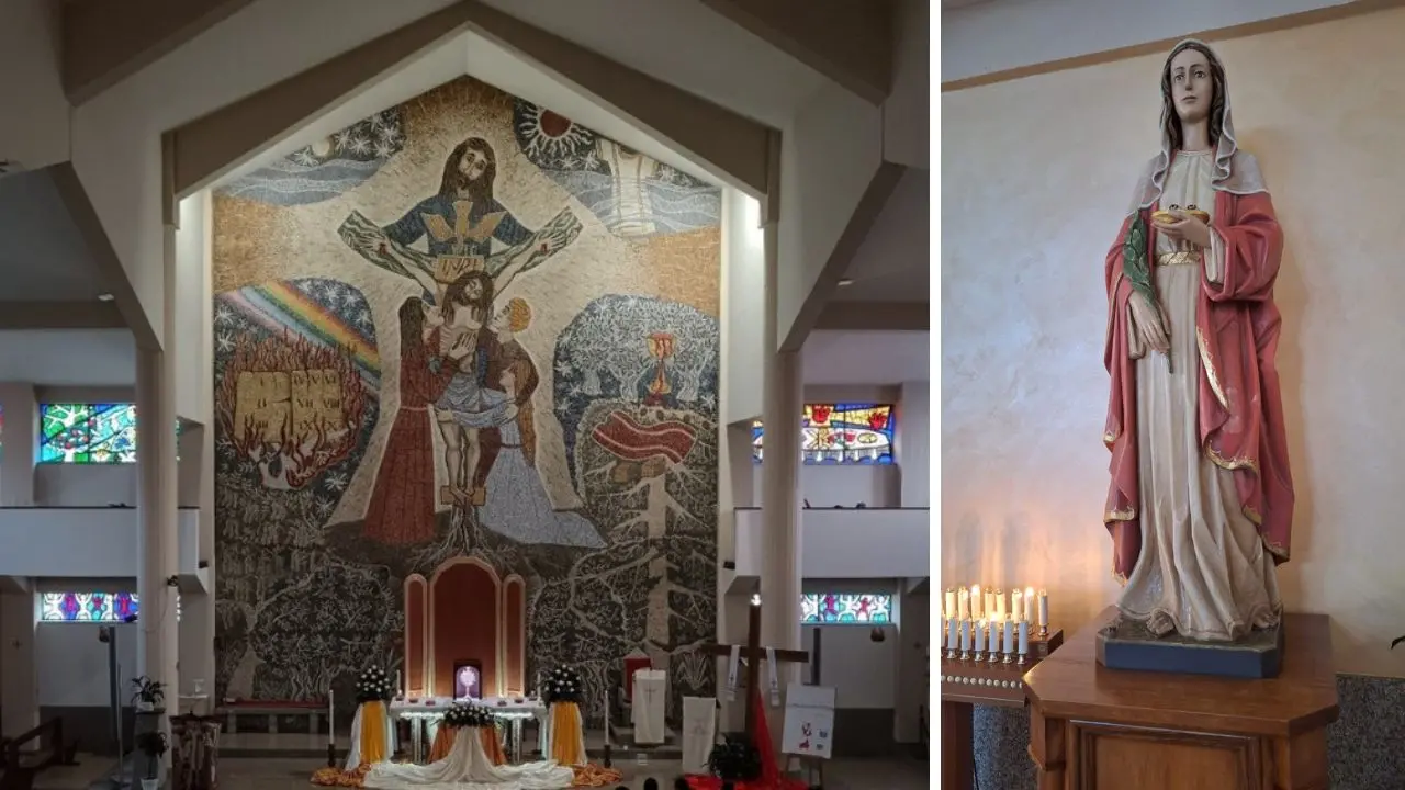 Il mosaico dietro l'altare e la statua di Santa Lucia