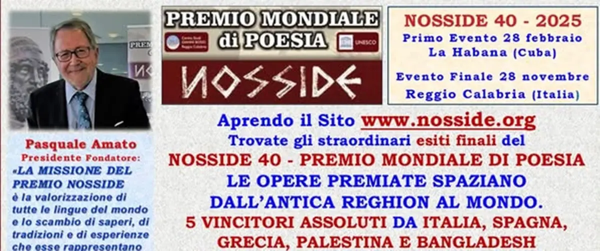 Nosside 40, 5 vincitori assoluti e 18 vincitori dei premi speciali: il\u00A028 novembre la cerimonia finale a Reggio\n
