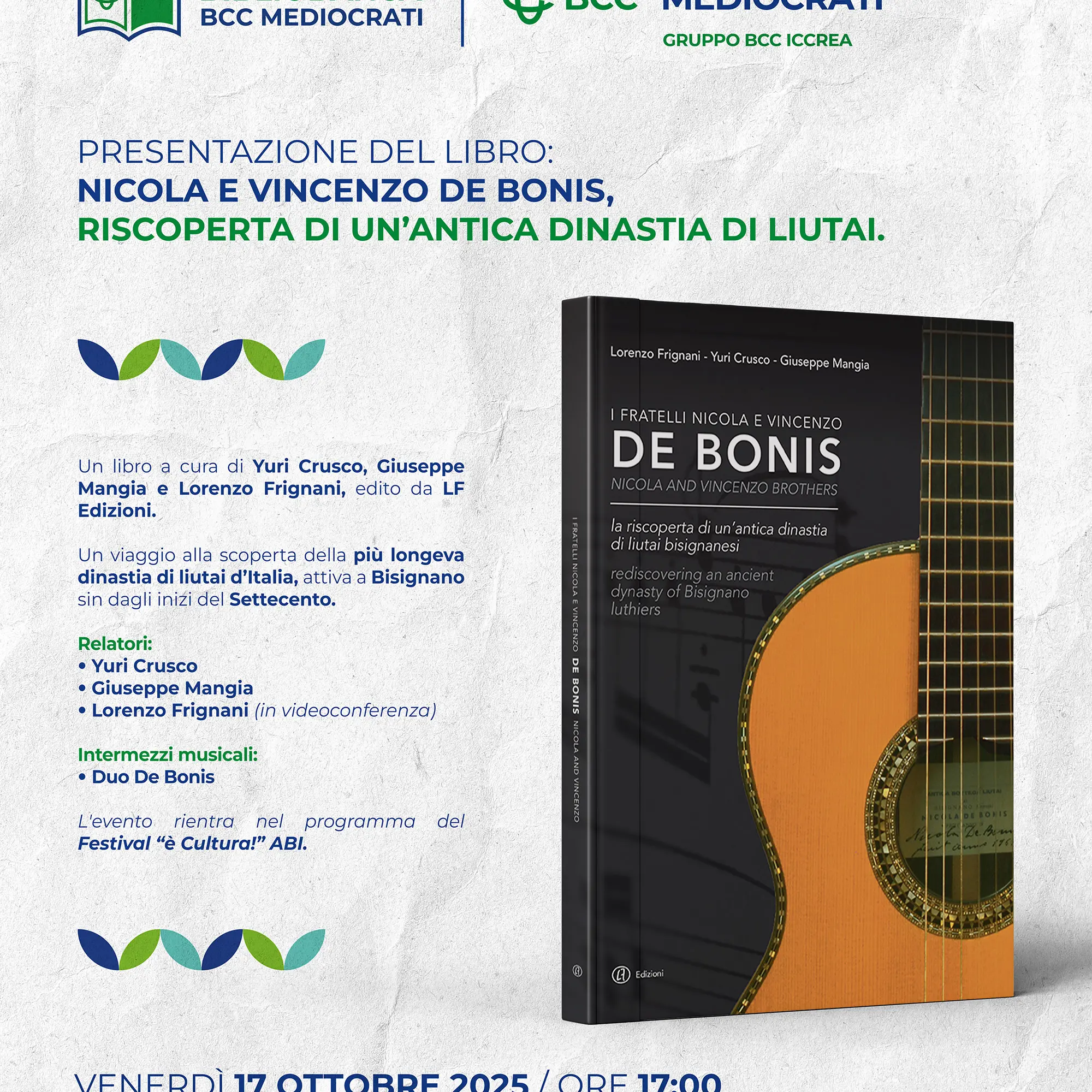 La BCC Mediocrati celebra i maestri liutai De Bonis al Festival “è cultura!” dell’ABI\n