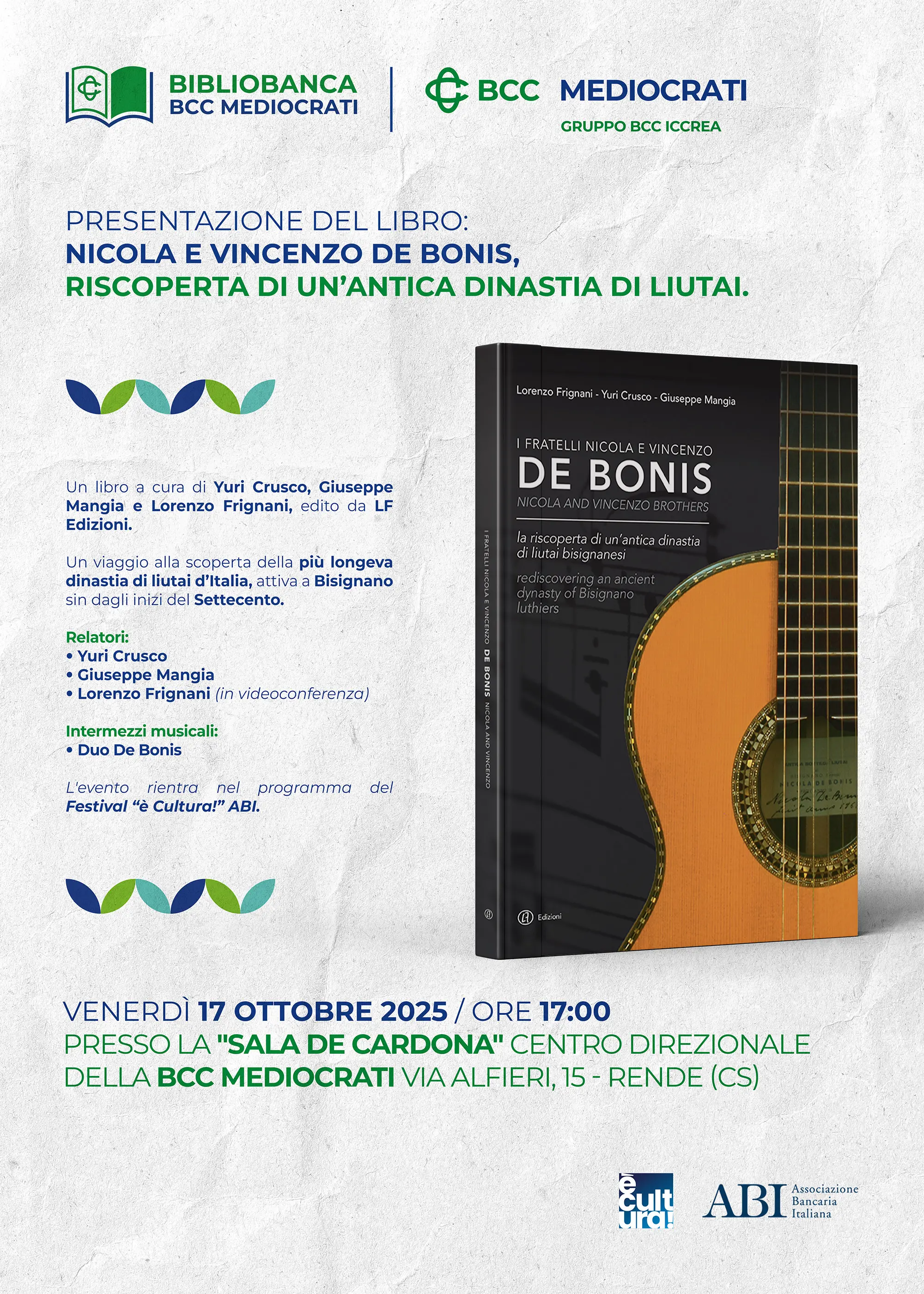 La BCC Mediocrati celebra i maestri liutai De Bonis al Festival “è cultura!” dell’ABI\n
