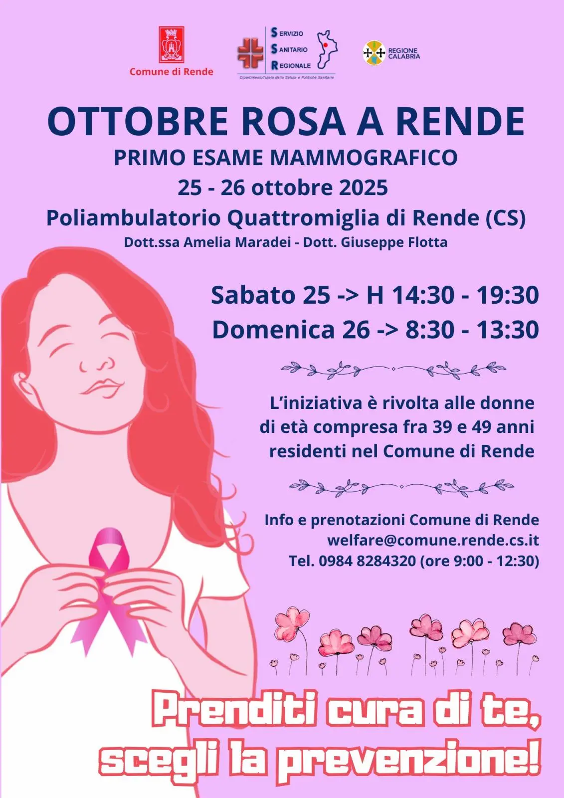 Rende, due giornate per l’ottobre rosa contro il tumore al seno. Il 25 e 26 screening gratuiti