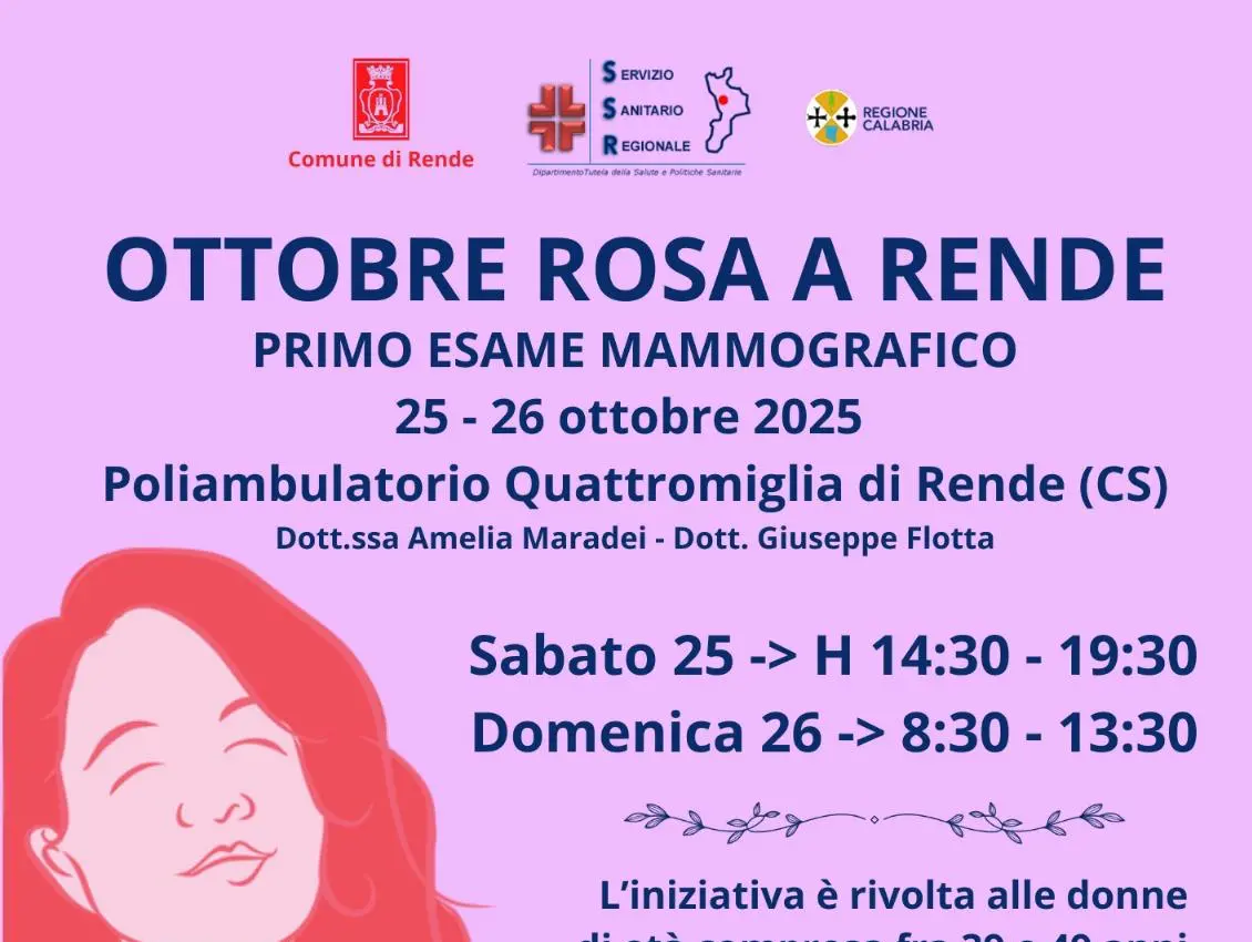 Rende, due giornate per l’ottobre rosa contro il tumore al seno. Il 25 e 26 screening gratuiti