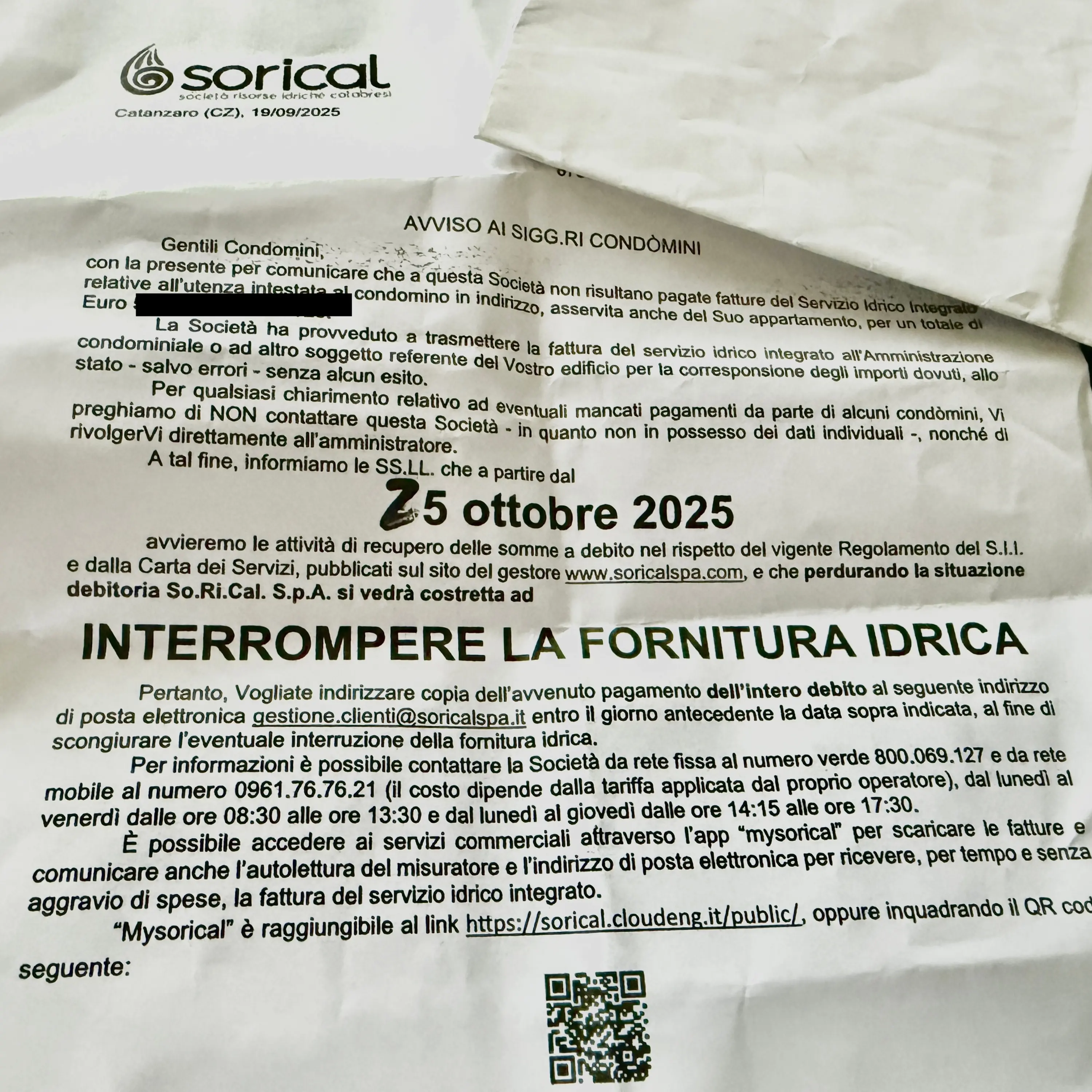 Cosenza, lettere shock di Sorical: “Vi stacchiamo l’acqua”. Ma la legge lo vieta