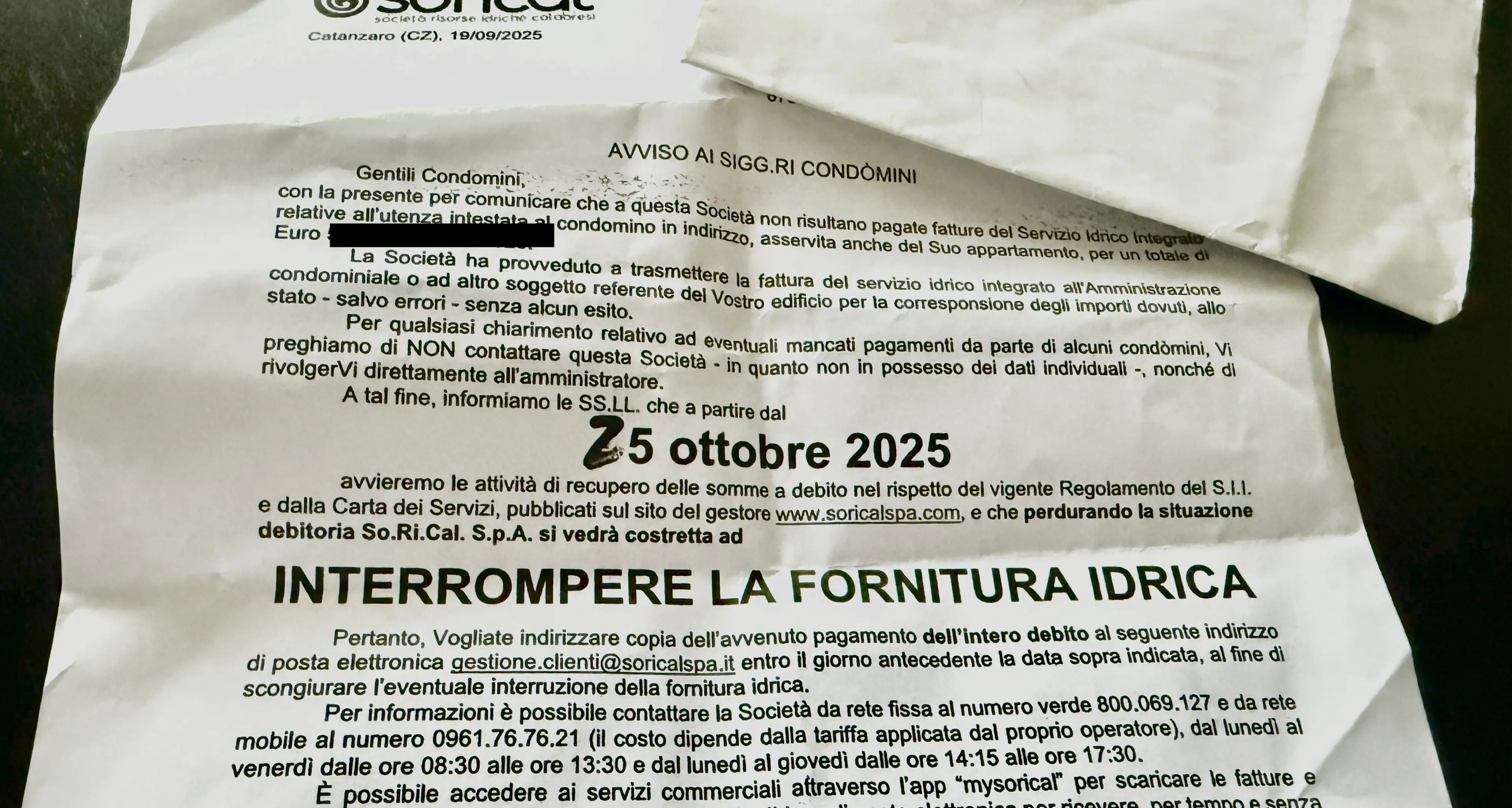 Cosenza, lettere shock di Sorical: “Vi stacchiamo l’acqua”. Ma la legge lo vieta