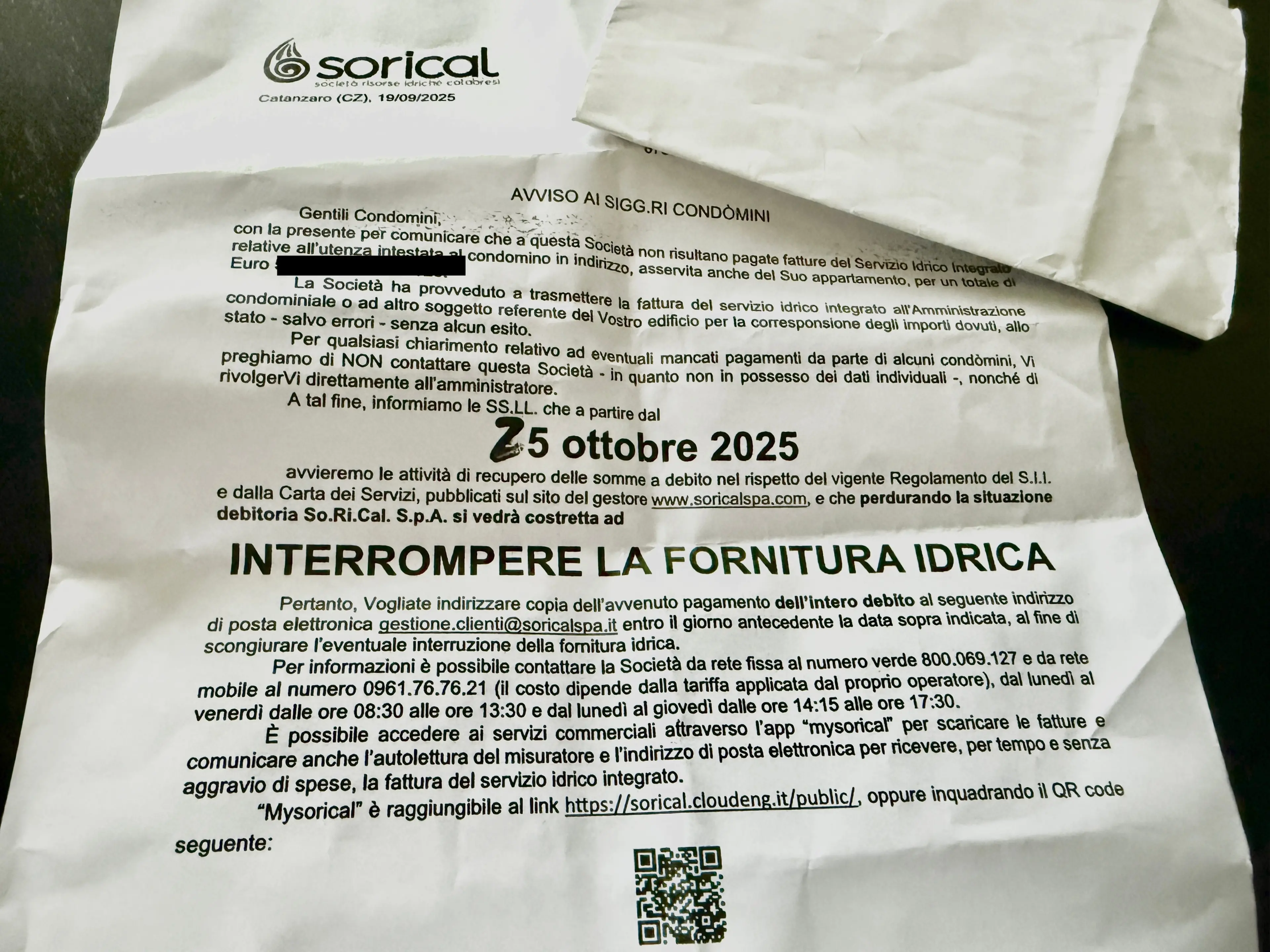 Cosenza, lettere shock di Sorical: “Vi stacchiamo l’acqua”. Ma la legge lo vieta