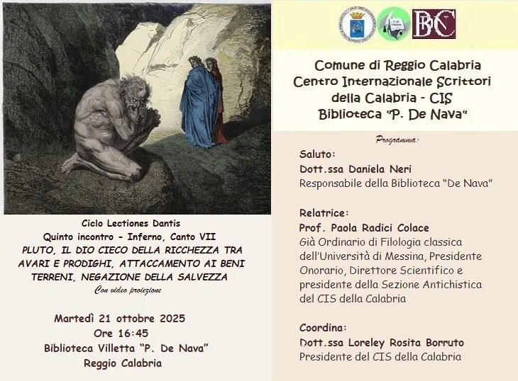 Reggio, il Cis della Calabria\u00A0promuove il quinto incontro su Dante Inferno Canto VII\n