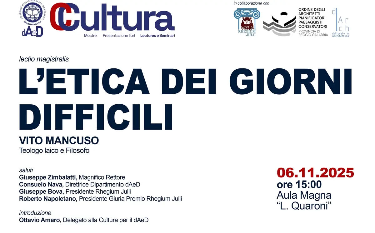 Alla Mediterranea di Reggio\u00A0la lectio magistralis di Vito Mancuso su\u00A0\"Etica per giorni difficili\"\n\n\n