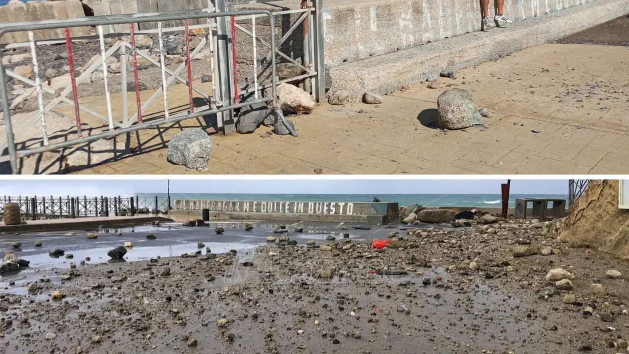 <p>Le conseguenze delle mareggiate a Pizzo nel 2025 (sopra) e 2024</p>\\n