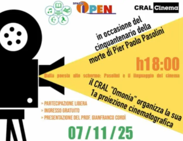 Reggio, il CRAL “Omonia” organizza il convegno: “Dalla poesia allo schermo: Pasolini e il linguaggio del cinema”\n