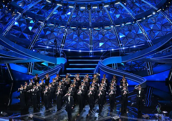National Air Force band perform on stage at the Ariston theatre during the 73rd Sanremo Italian Song Festival, in Sanremo, Italy, 11 February 2023. The music festival will run from 07 to 11 February 2023. ANSA/ETTORE FERRARI
