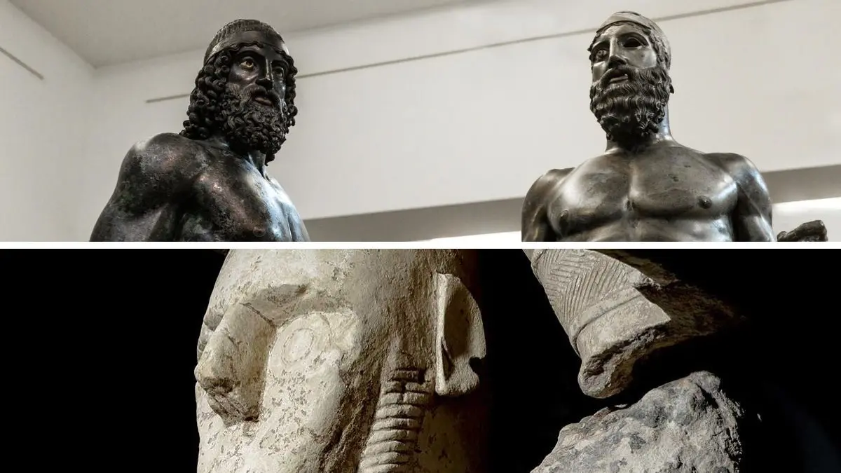 I bronzi (immagine Calabria straordinaria) e i giganti (foto Fondazione Mont\\'e Prama)