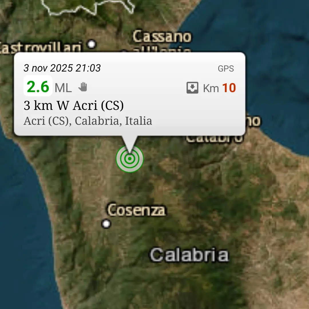 Terremoto in Calabria, scossa di magnitudo 2.6 con epicentro ad Acri
