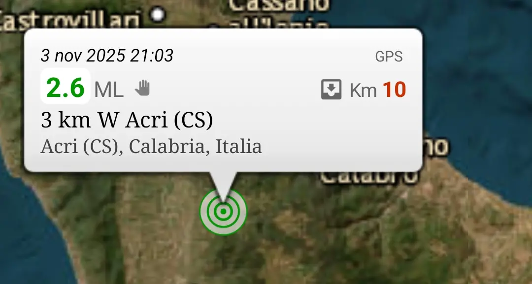 Terremoto nel Cosentino, scossa di magnitudo 2.6 con epicentro ad Acri\n