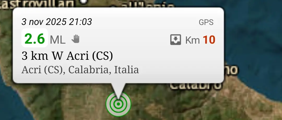 Terremoto nel Cosentino, scossa di magnitudo 2.6 con epicentro ad Acri\n