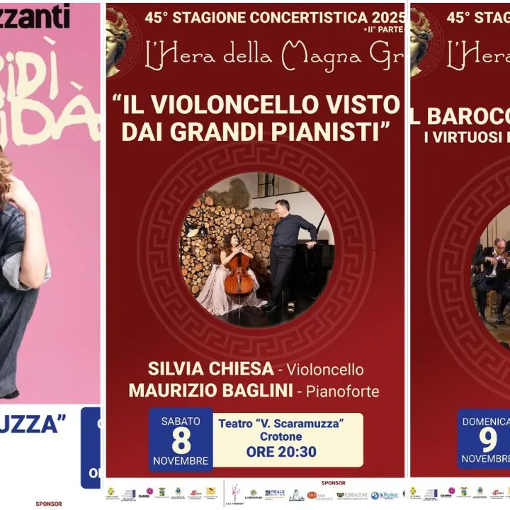 Una settimana tra comicità e grande musica: tre eventi al Teatro Scaramuzza per “L’Hera della Magna Grecia”\n