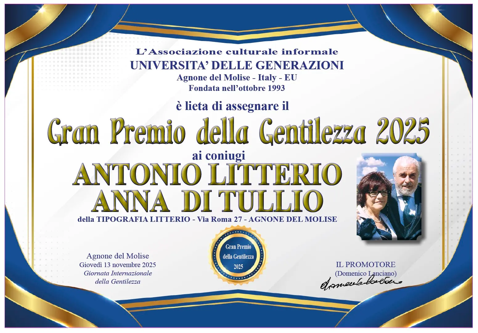 Antonio Tassone di Siderno tra i dieci premiati al Gran Premio della Gentilezza 2025