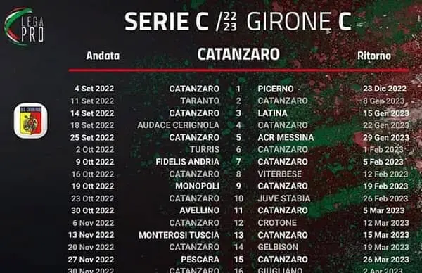 Calcio: ecco il calendario dell'Us Catanzaro 2022-23