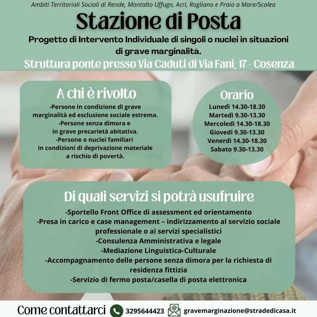 Nuova Stazione di Posta a Cosenza, servizi per chi vive in strada\n