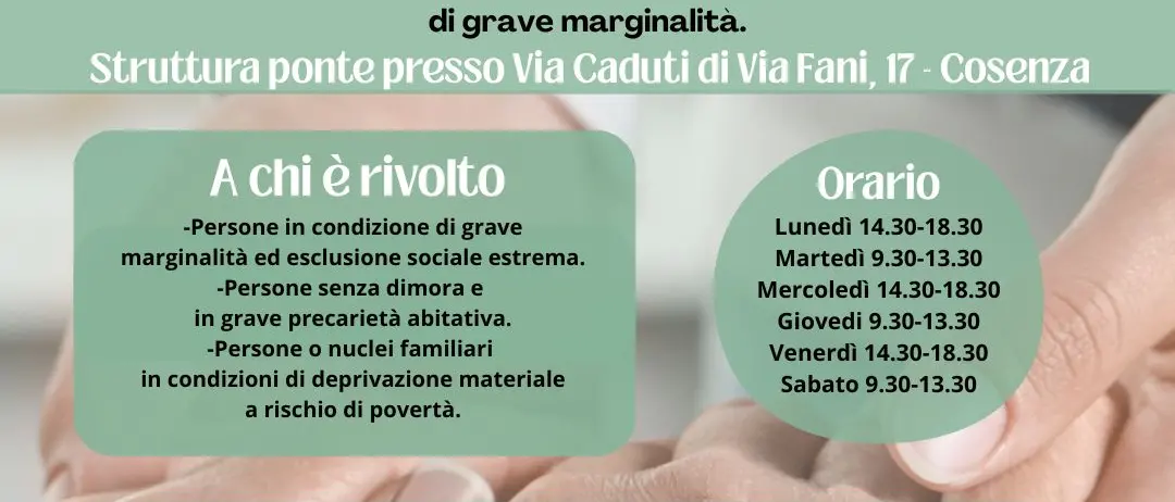 Nuova Stazione di Posta a Cosenza, servizi per chi vive in strada\n