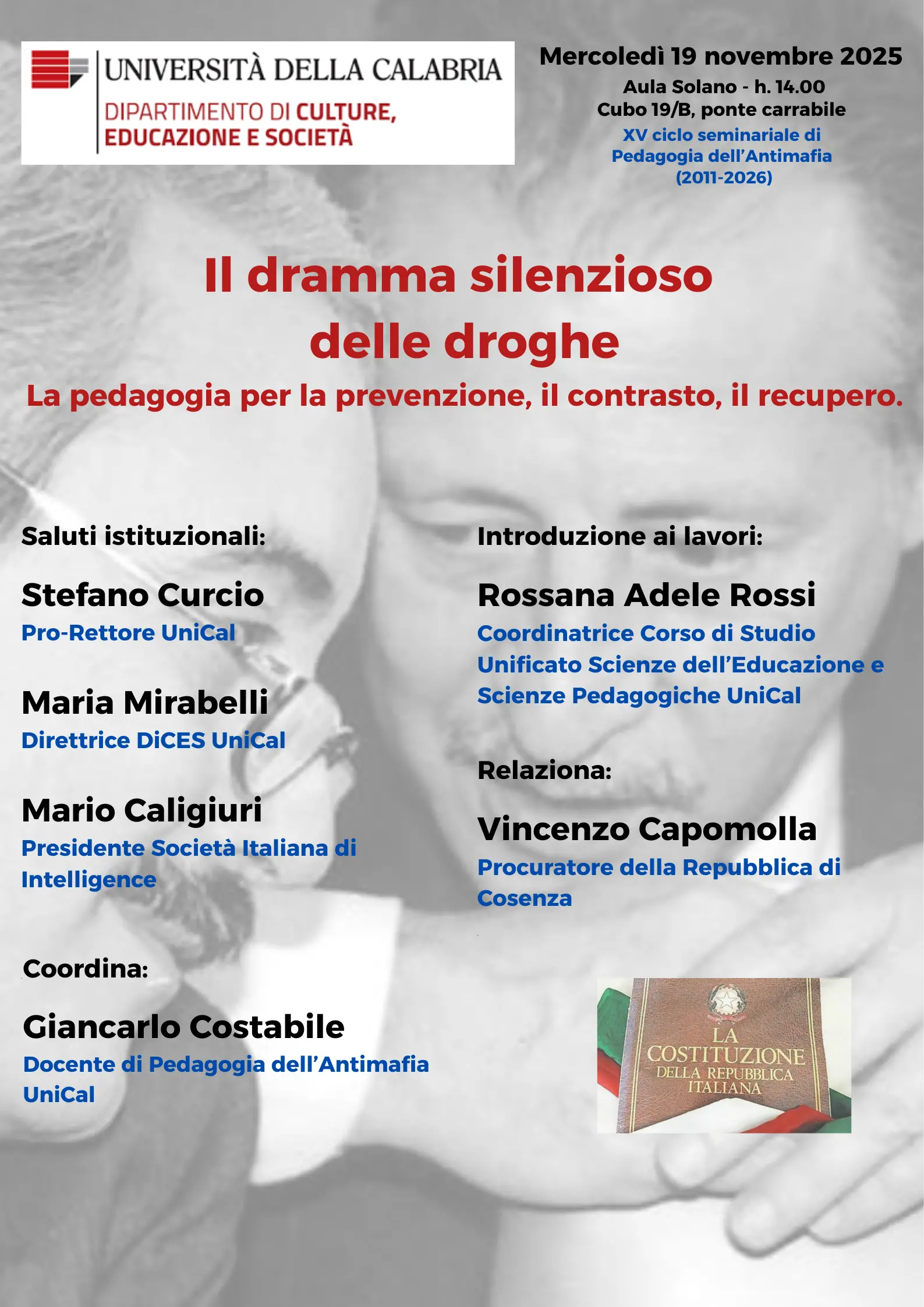 All’Unical il procuratore Capomolla incontra gli studenti: «Contro le droghe serve educazione, non solo repressione»
