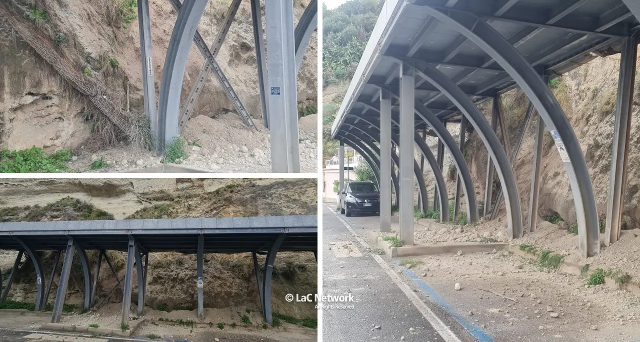 Frana la rupe di Tropea, smottamento di lieve entità sul lungomare: «Intervenire subito su rete di protezione e pensilina»