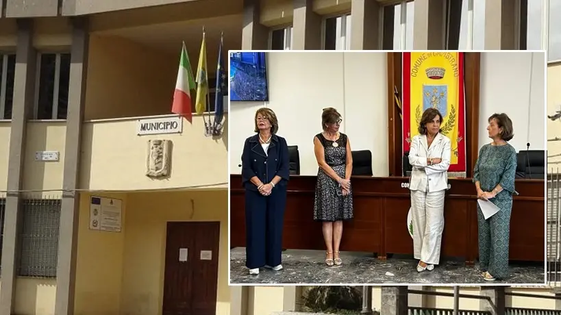 <p>Il Municipio di Capistrano e nel riquadro la terna commissariale insieme al prefetto di Vibo Anna Aurora Colosimo</p>\\n