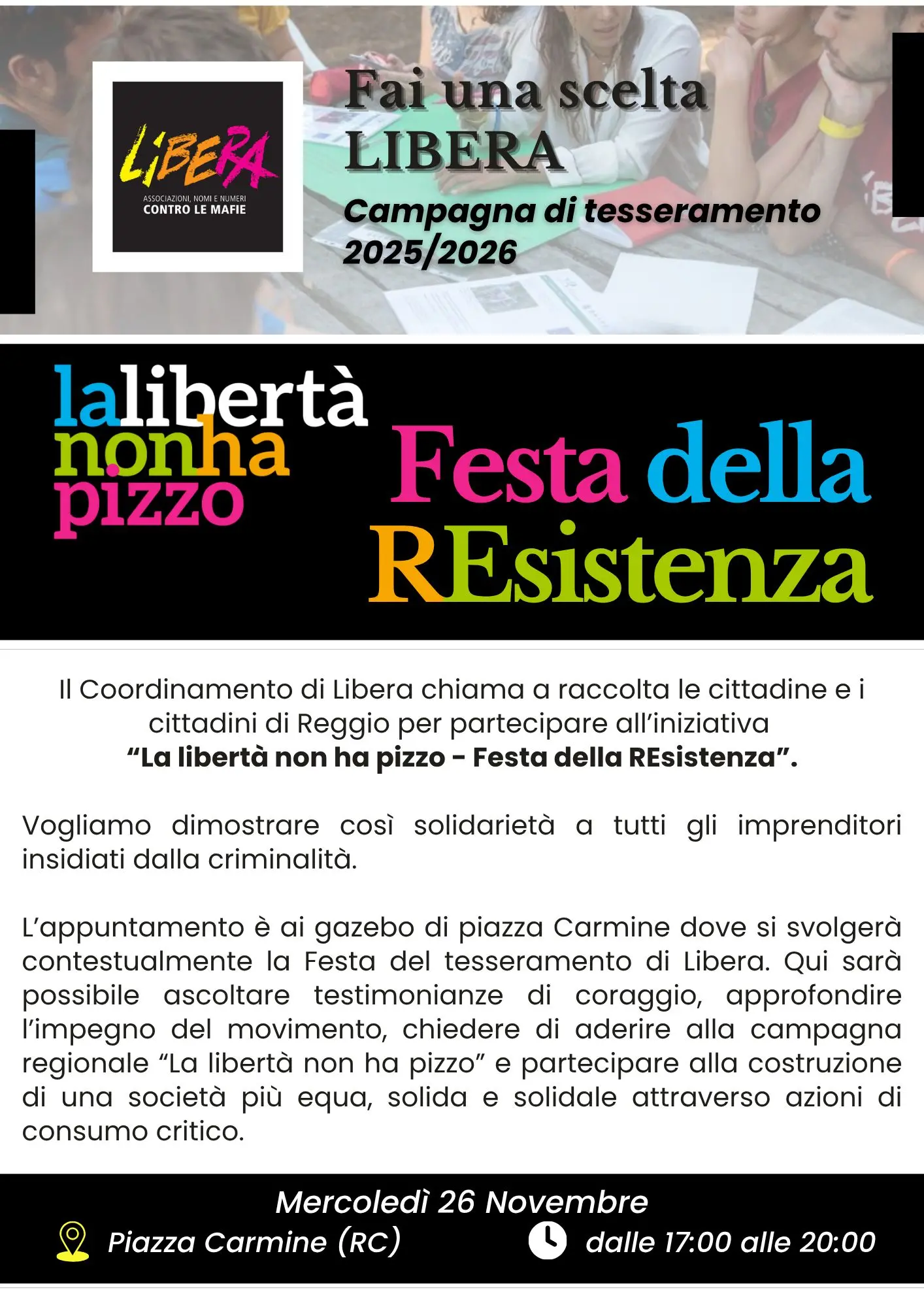 Reggio, a Piazza Carmine l’iniziativa\u00A0“La libertà non ha pizzo - Festa della REsistenza”\n