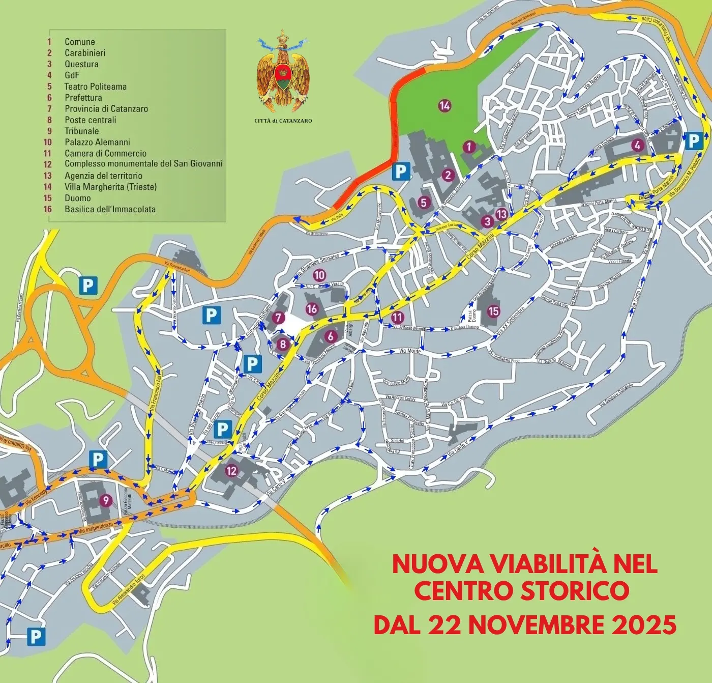 Da domani, sabato 22 novembre,\u00A0cambia la\u00A0viabilità nel centro storico di Catanzaro\n