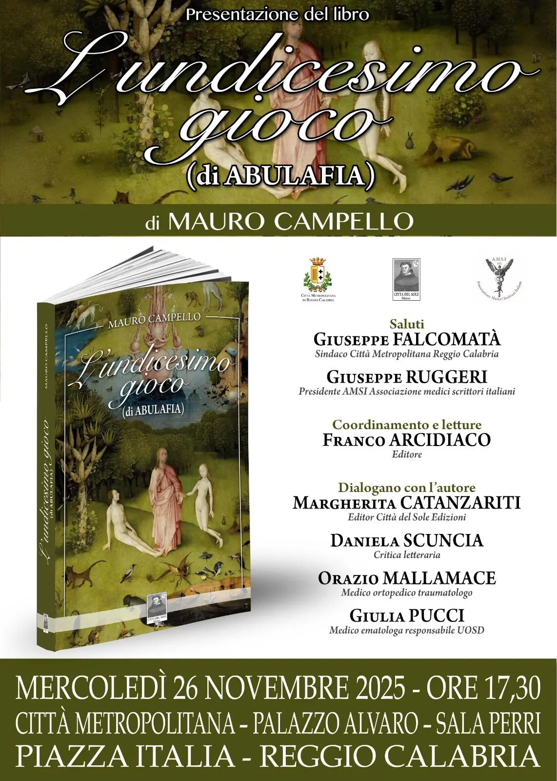 Reggio, presentazione del libro “L'undicesimo gioco (di Abulafia)” di Mauro Campello\n