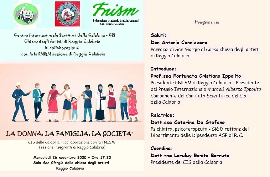 Reggio, il Cis della Calabria promuove la conferenza\u00A0“La donna, la famiglia nella società del terzo millennio”\n