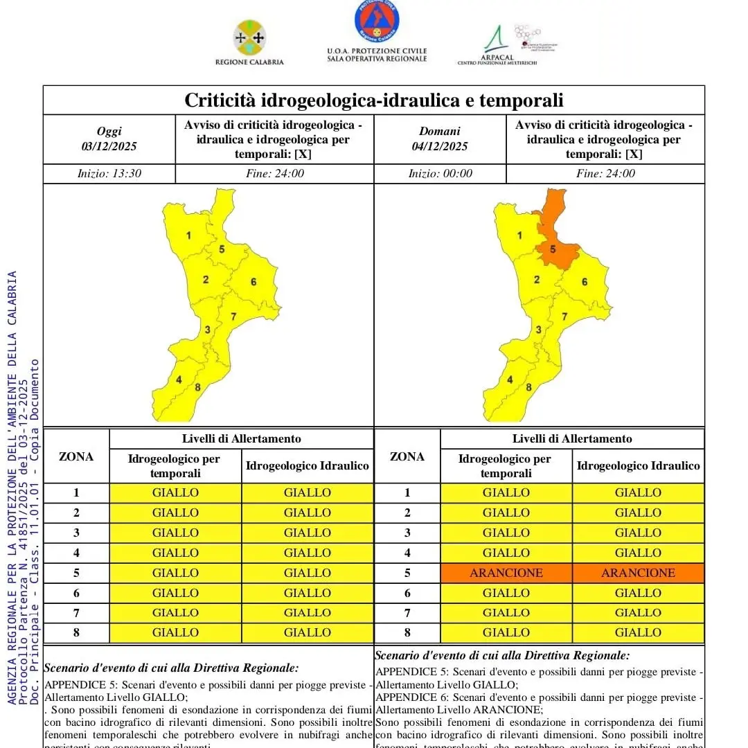 Maltempo in arrivo: allerta arancione sullo Ionio cosentino, gialla nel resto della Calabria\n