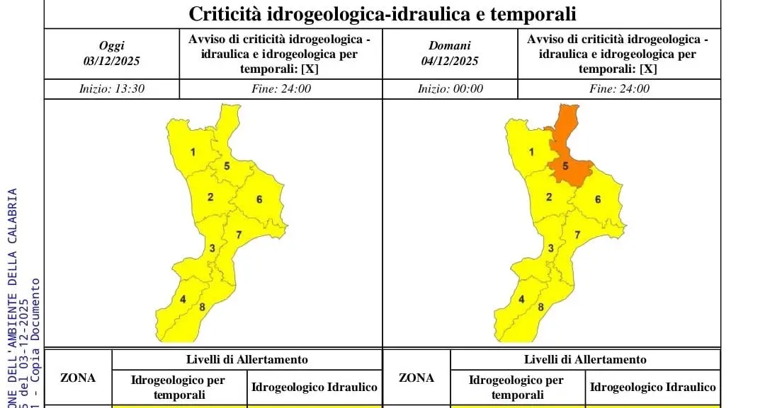 Maltempo in arrivo: allerta arancione sullo Ionio cosentino, gialla nel resto della Calabria\n