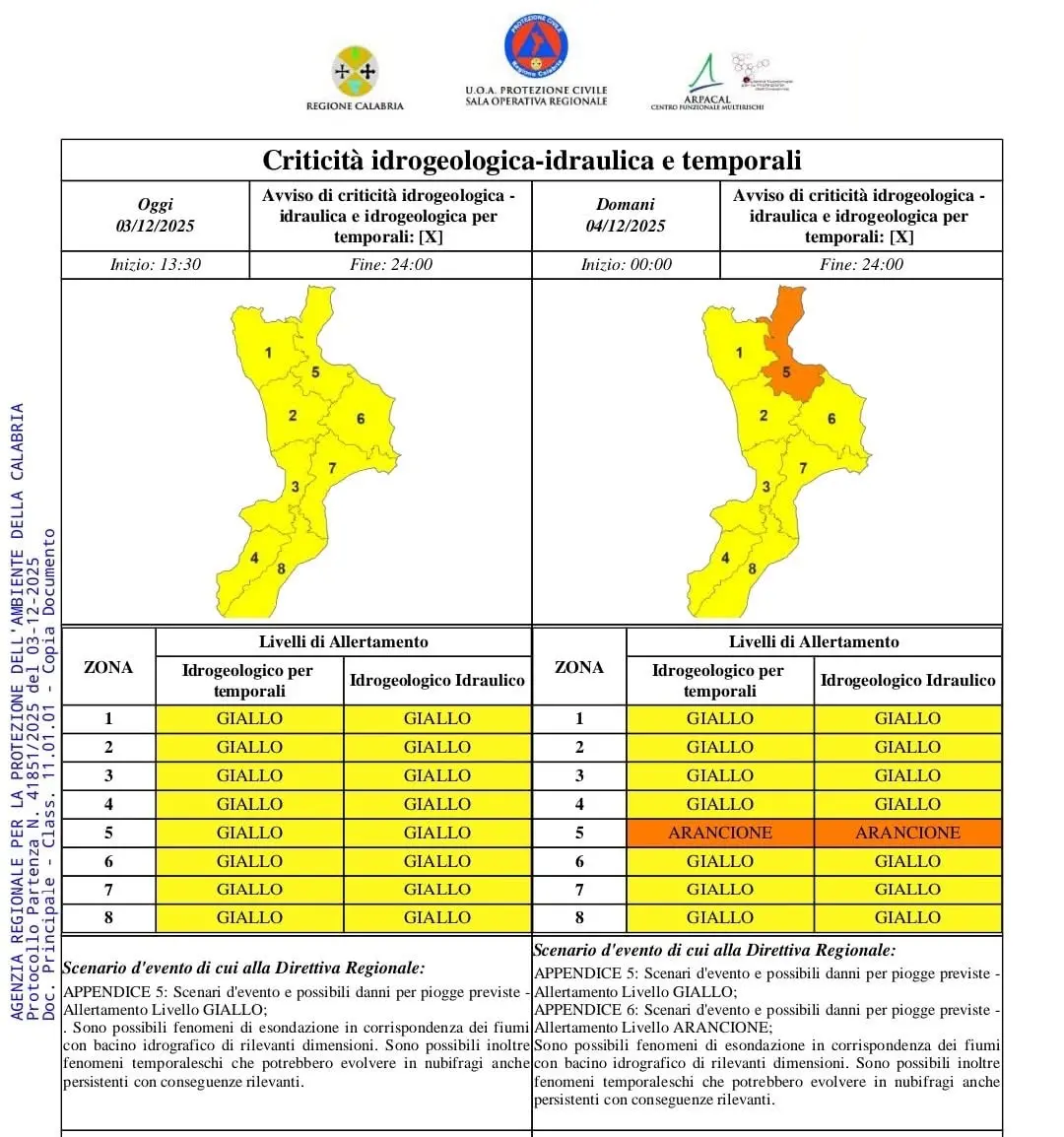 Maltempo in arrivo: allerta arancione sullo Ionio cosentino, gialla nel resto della Calabria\n