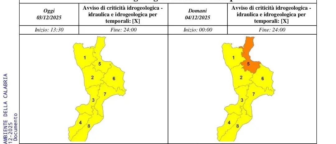 Maltempo in arrivo: allerta arancione sullo Ionio cosentino, gialla nel resto della Calabria\n