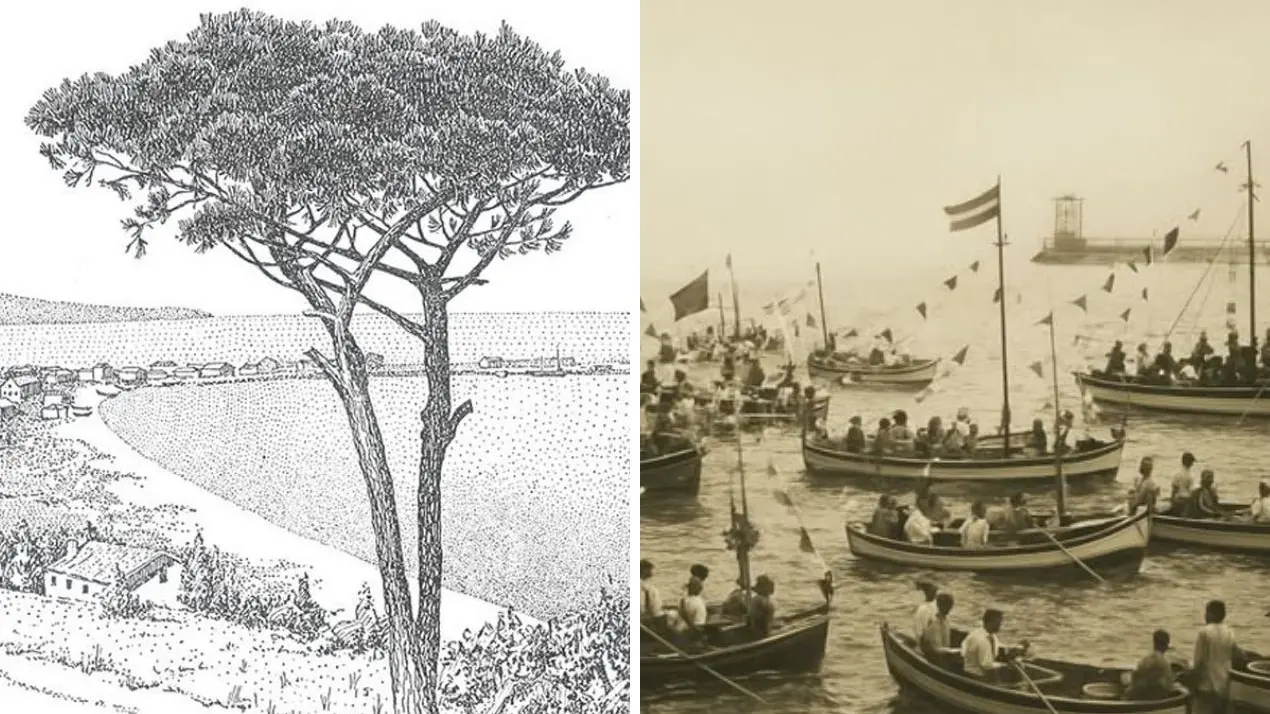 Antica stampa del Porto e il corteo di imbarcazioni