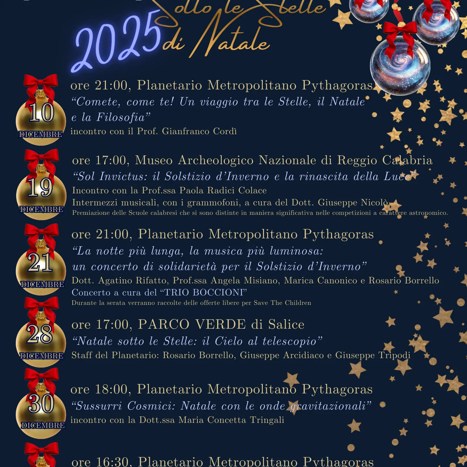 Sotto le stelle di Natale 2025: un mese di iniziative al Planetario Pythagora\u00A0tra scienza, cultura e solidarietà\n