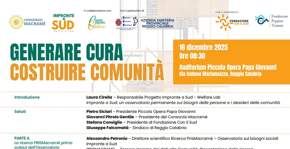 Generare cura e\u00A0costruire comunità a Reggio, i due appuntamenti finali del progetto Impronte a Sud – Welfare Lab\n