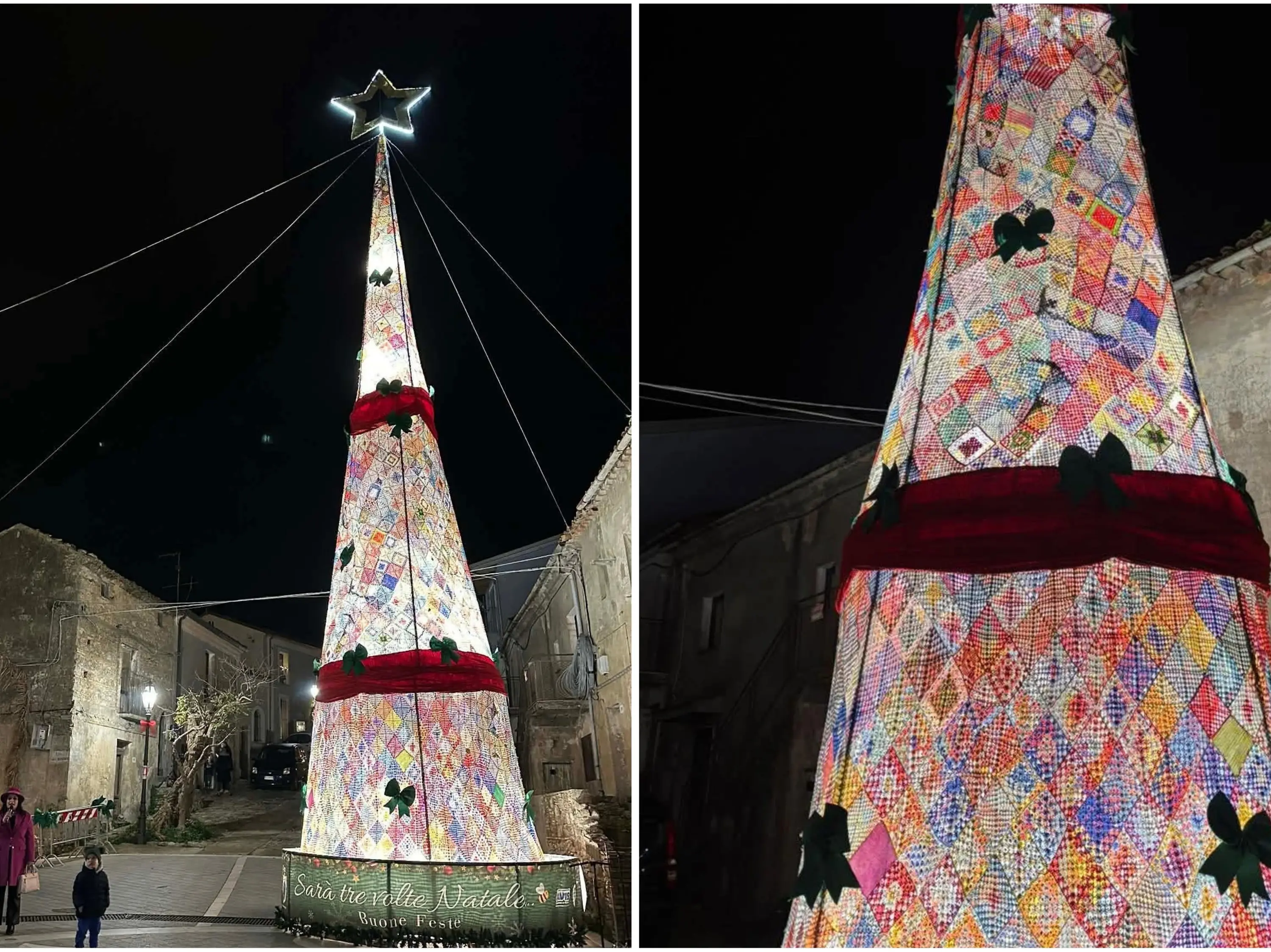 Un filo d'amore alto 17 metri: a Girifalco torna il gigantesco e suggestivo albero di Natale all'uncinetto