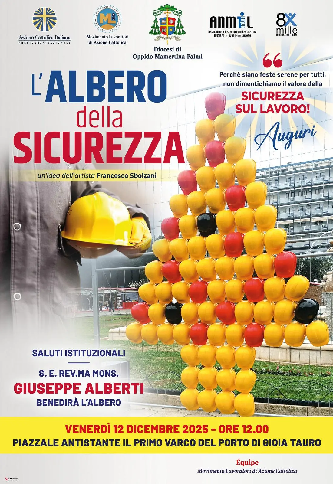A Gioia Tauro l’«Albero per la sicurezza»: caschi al posto delle luci per ricordare le vittime e richiamare alla responsabilità\n