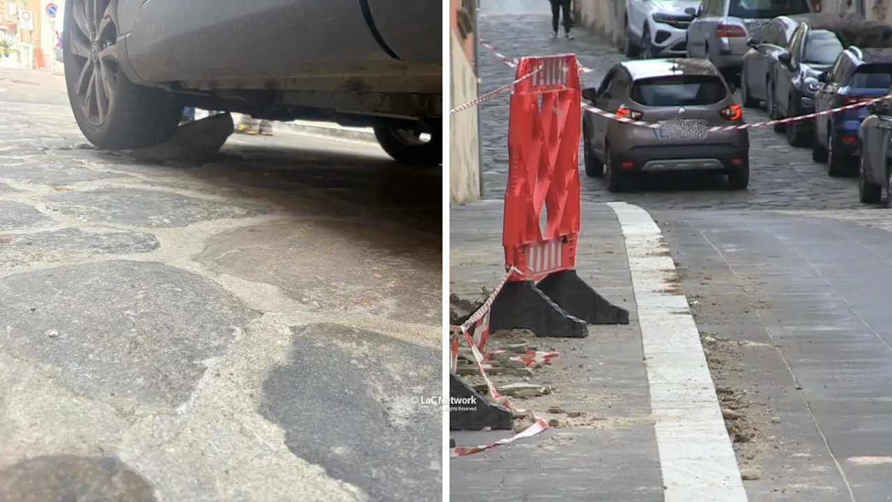 Vibo, salta l’ennesima basola lungo Scesa del Gesù: auto “prigioniera”, deve intervenire il carro attrezzi